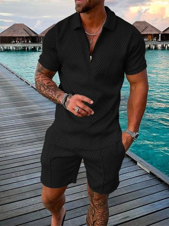 Men's short sleeve zip polo shirt and shorts set