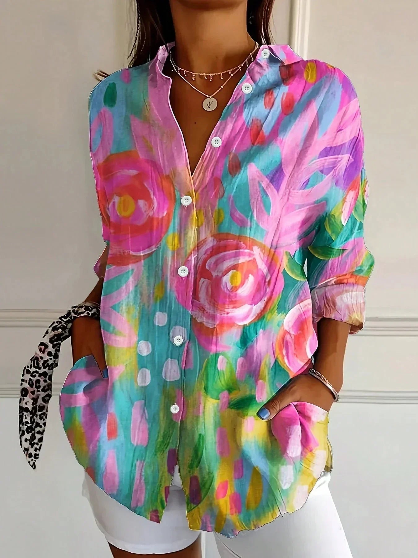 Women's abstract print button-front blouse