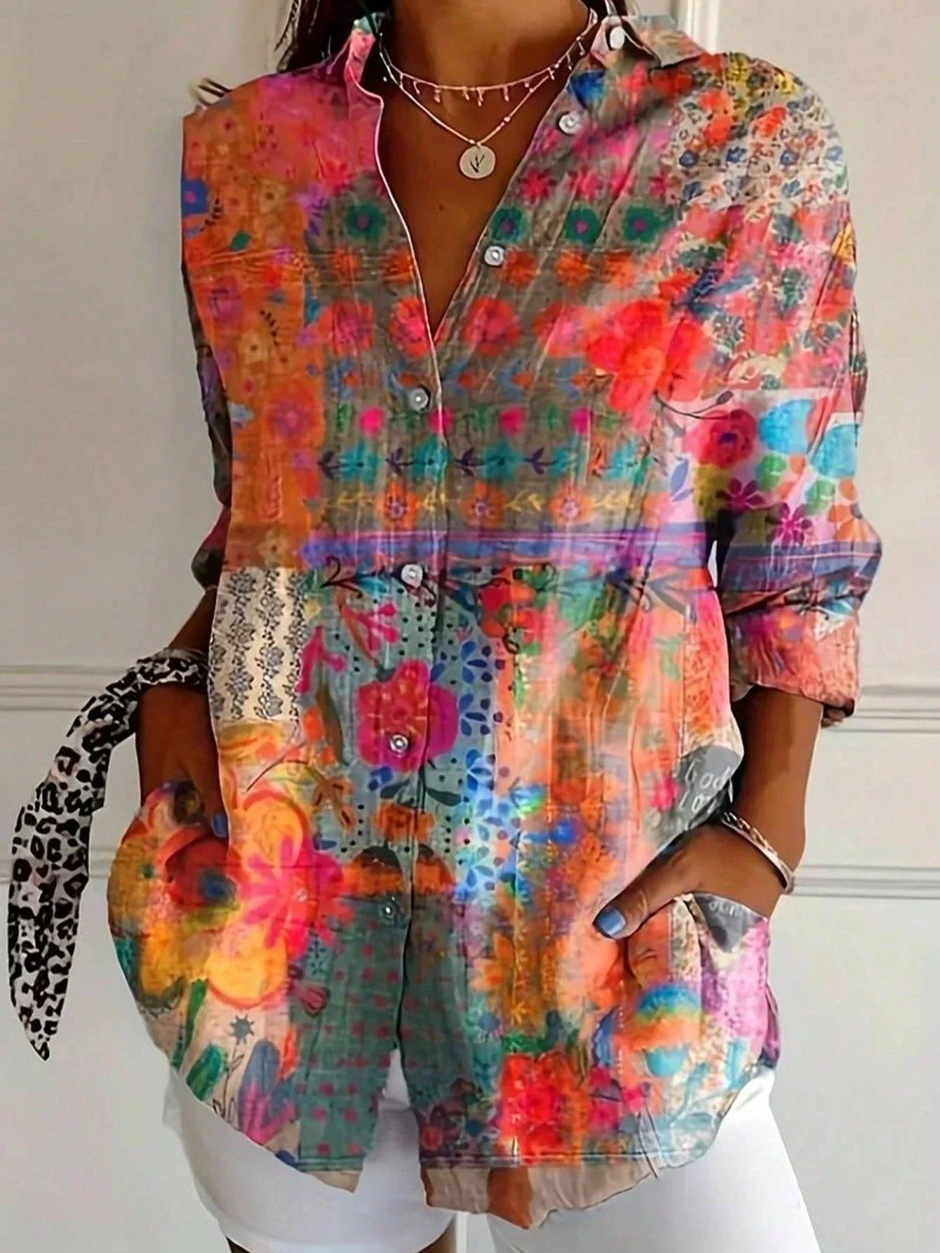 Women's abstract print button-front blouse