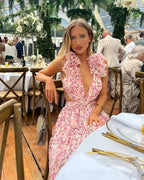 Women's floral ruffle-shoulder maxi wedding guest dress
