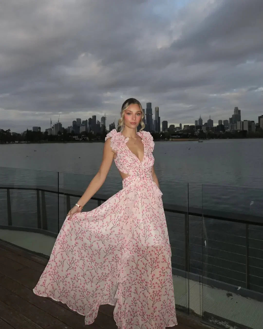 Women's floral ruffle-shoulder maxi wedding guest dress