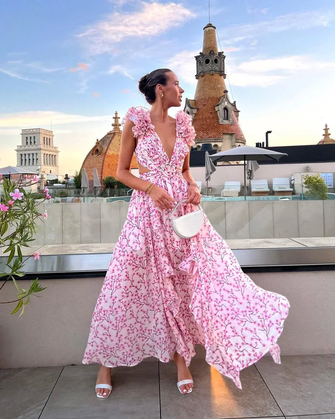 Women's floral ruffle-shoulder maxi wedding guest dress