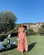 Women's floral ruffle-shoulder maxi wedding guest dress
