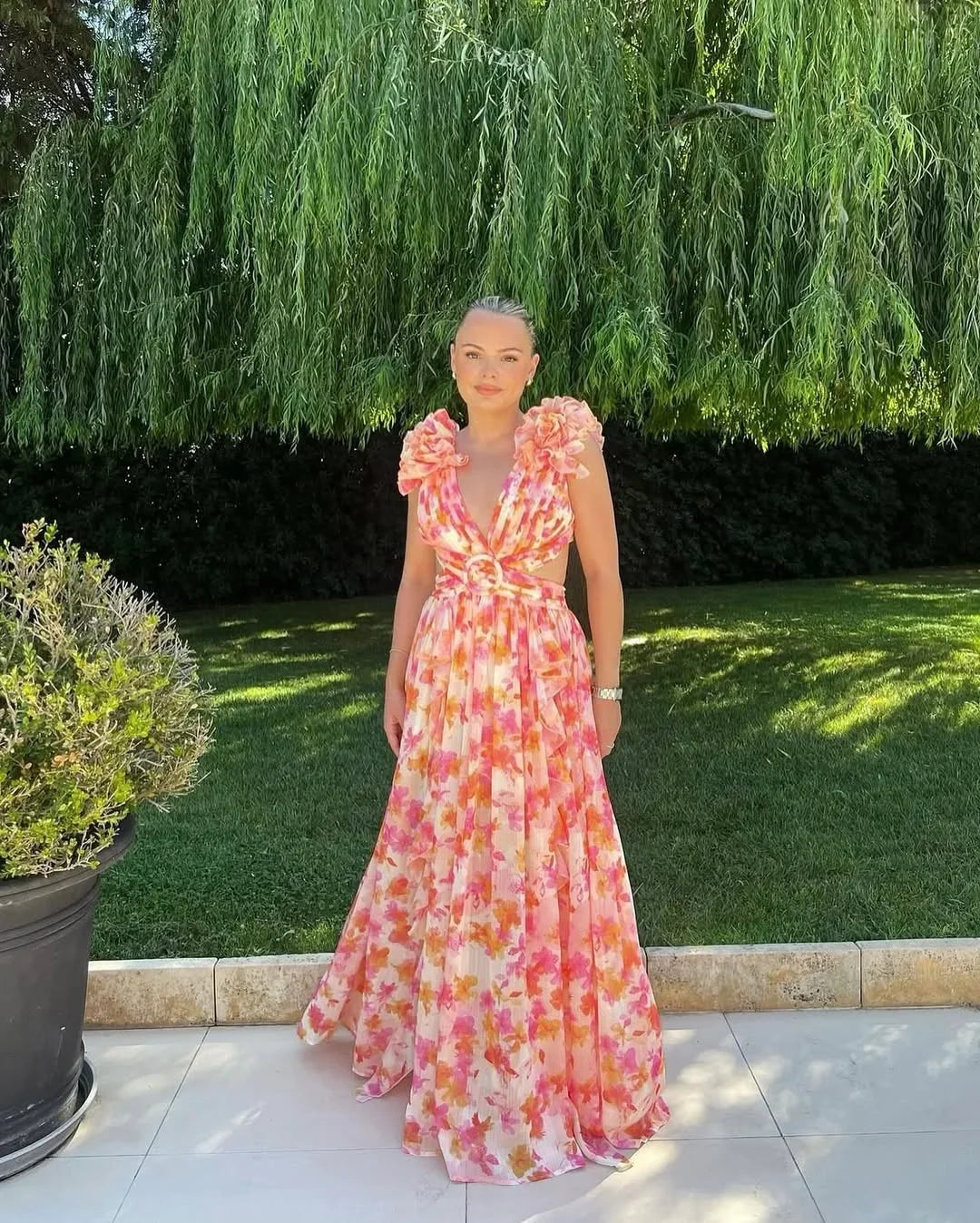 Women's floral ruffle-shoulder maxi wedding guest dress