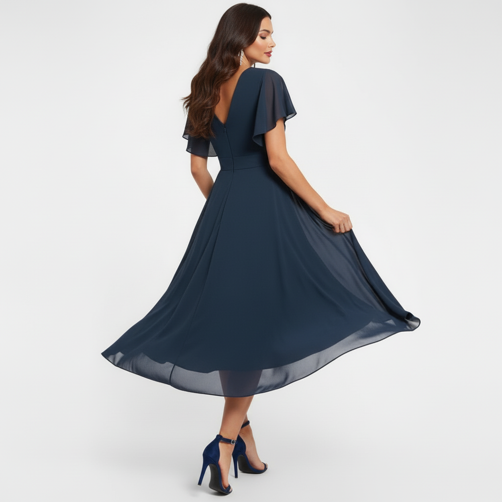 Women's flutter sleeve v-neck wedding guest dress