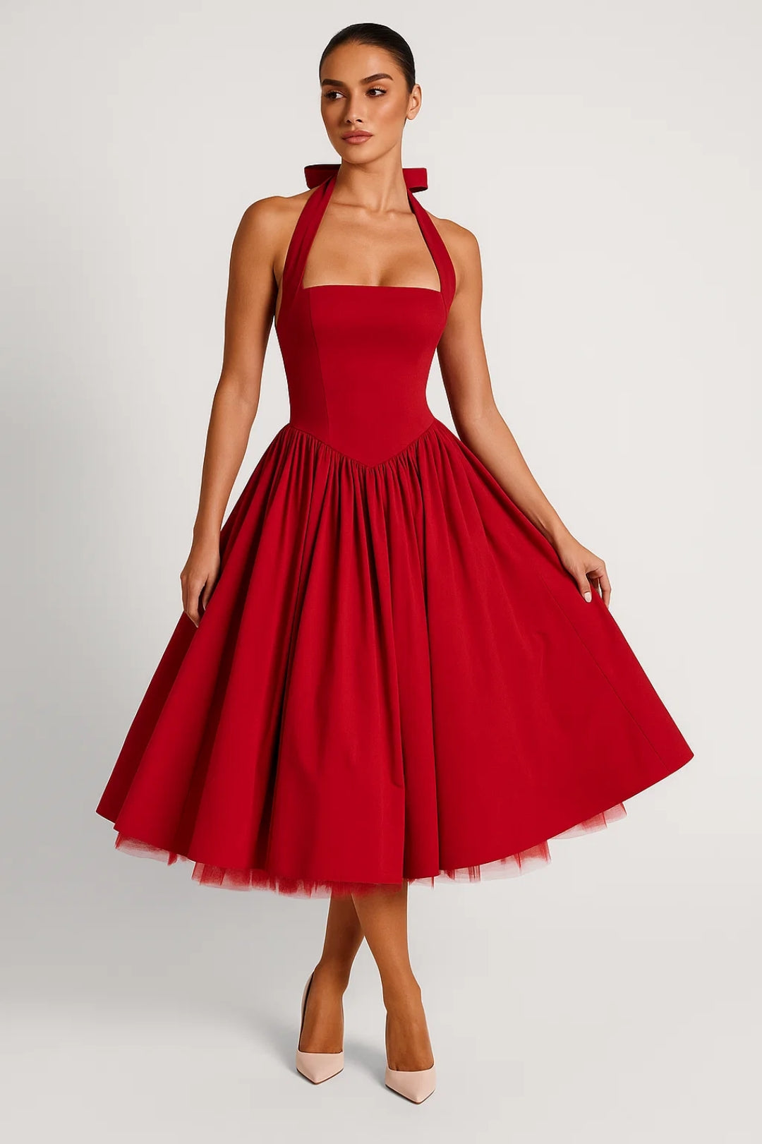 Women's halter neck midi A-line prom dress