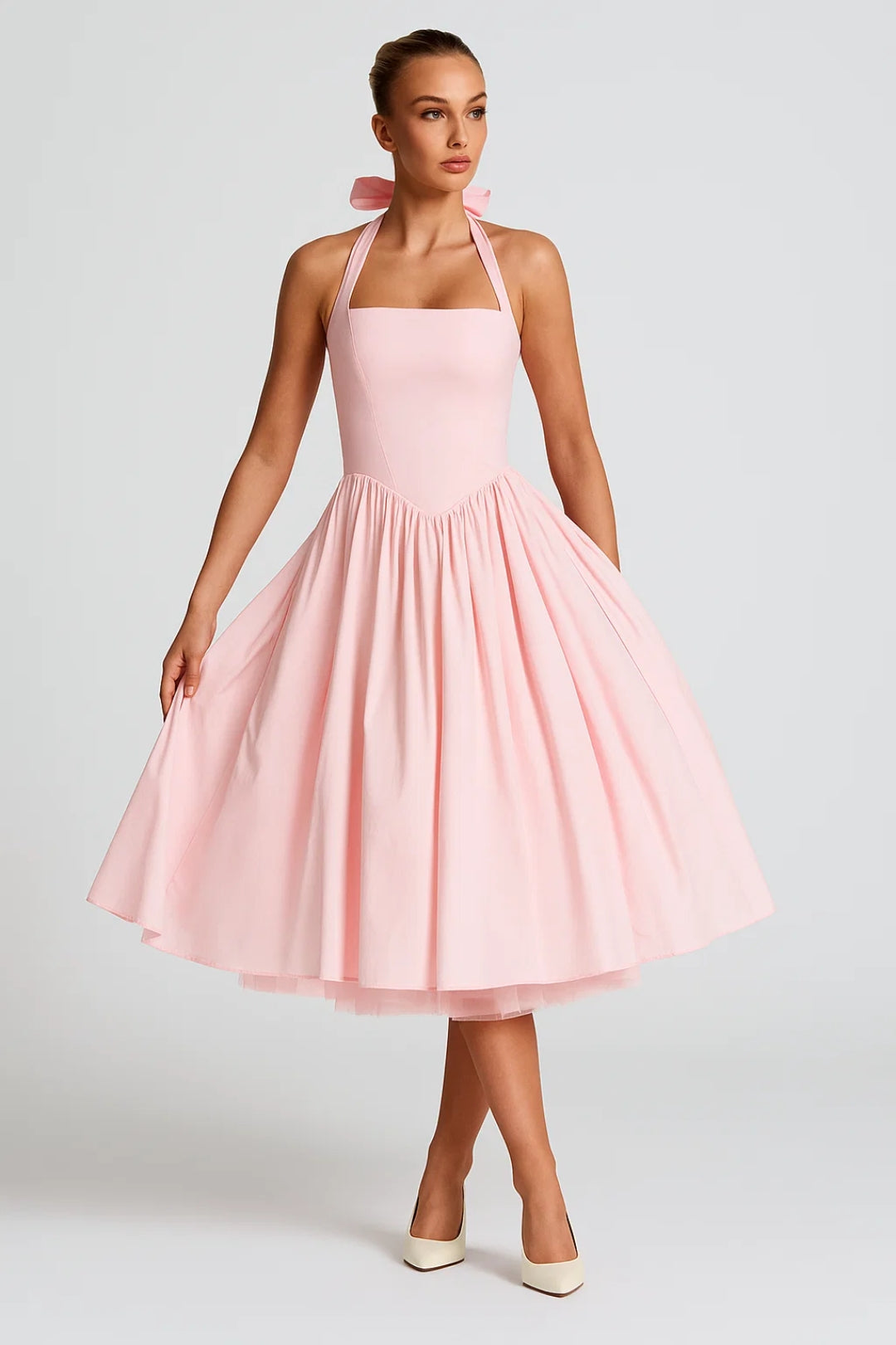 Women's halter neck midi A-line prom dress