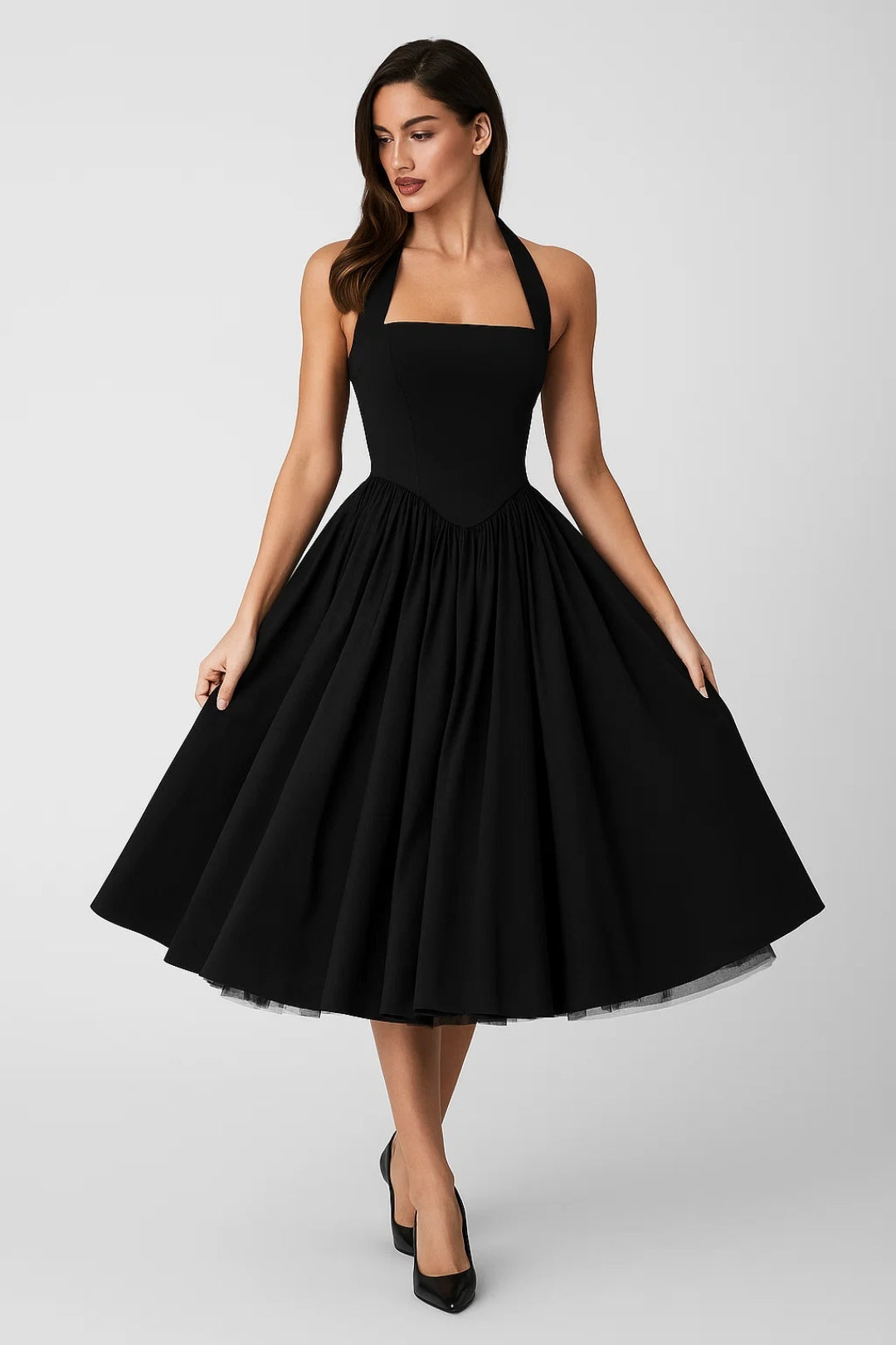 Women's halter neck midi A-line prom dress