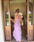 Women's halter neck ruffle maxi wedding guest dress