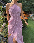 Women's halter neck ruffle maxi wedding guest dress