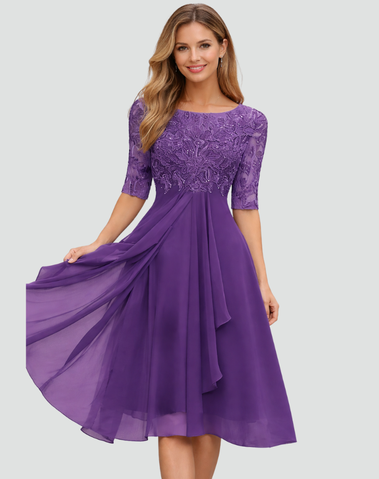 Women's lace bodice midi wedding guest dress