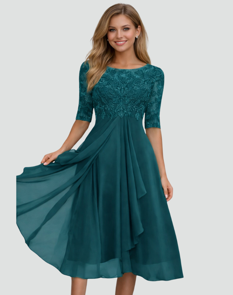 Women's lace bodice midi wedding guest dress