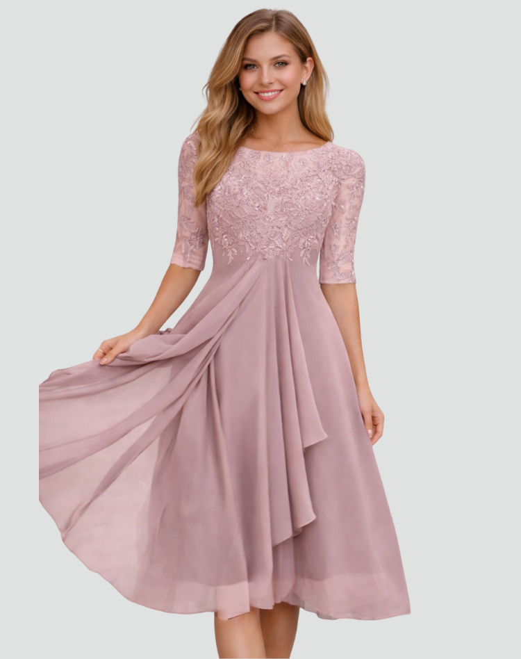 Women's lace bodice midi wedding guest dress