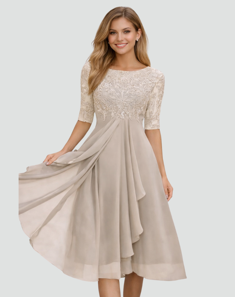 Women's lace bodice midi wedding guest dress