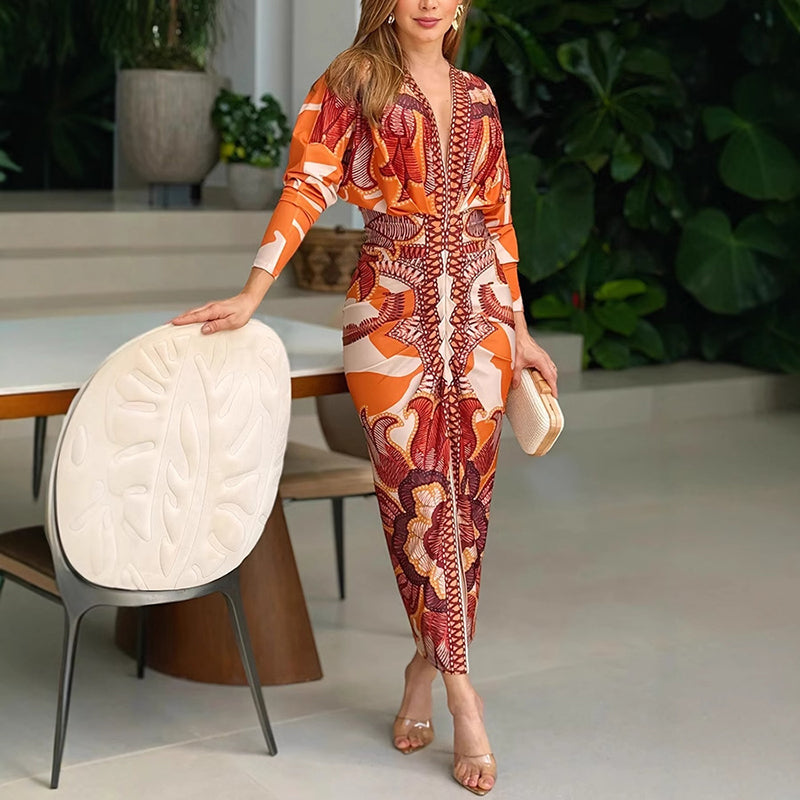 Women's long sleeve v-neck midi cocktail dress