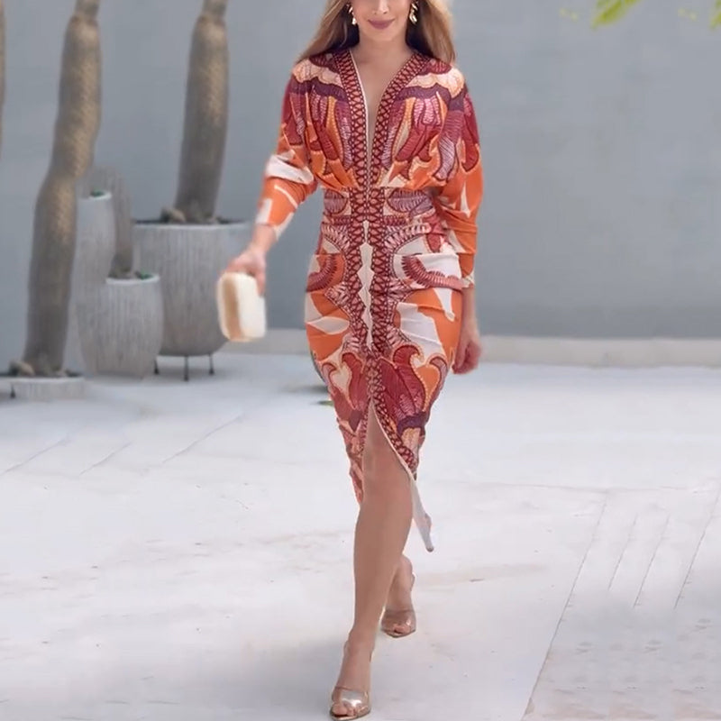 Women's long sleeve v-neck midi cocktail dress