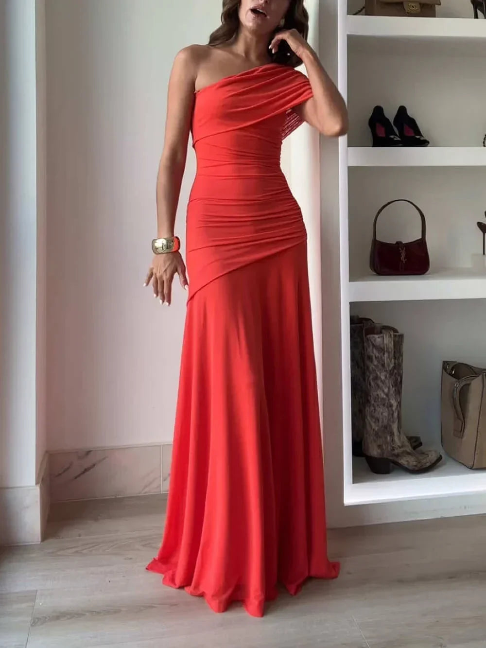 Women's one-shoulder ruched maxi evening dress