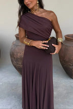 Women's pleated one-shoulder maxi cocktail dress