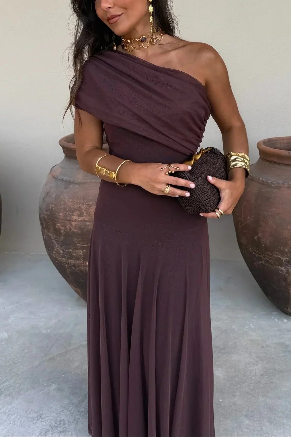 Women's pleated one-shoulder maxi cocktail dress