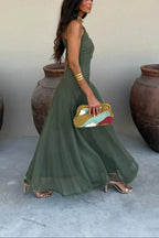 Women's pleated one-shoulder maxi cocktail dress