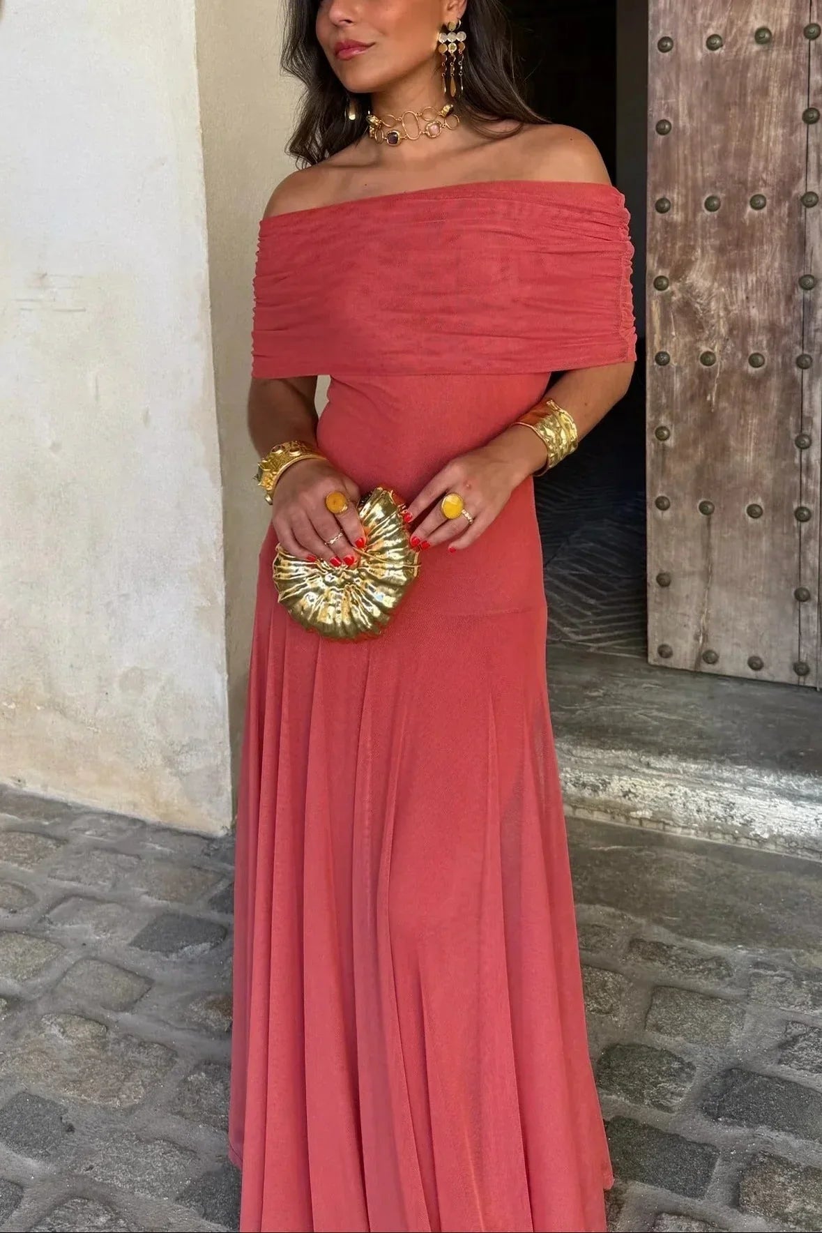 Women's pleated one-shoulder maxi cocktail dress
