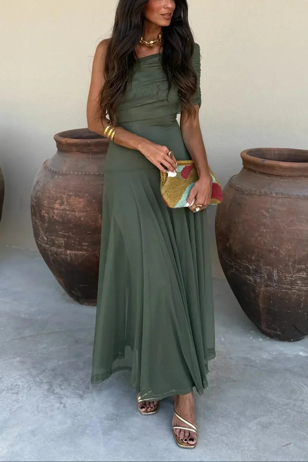 Women's pleated one-shoulder maxi cocktail dress