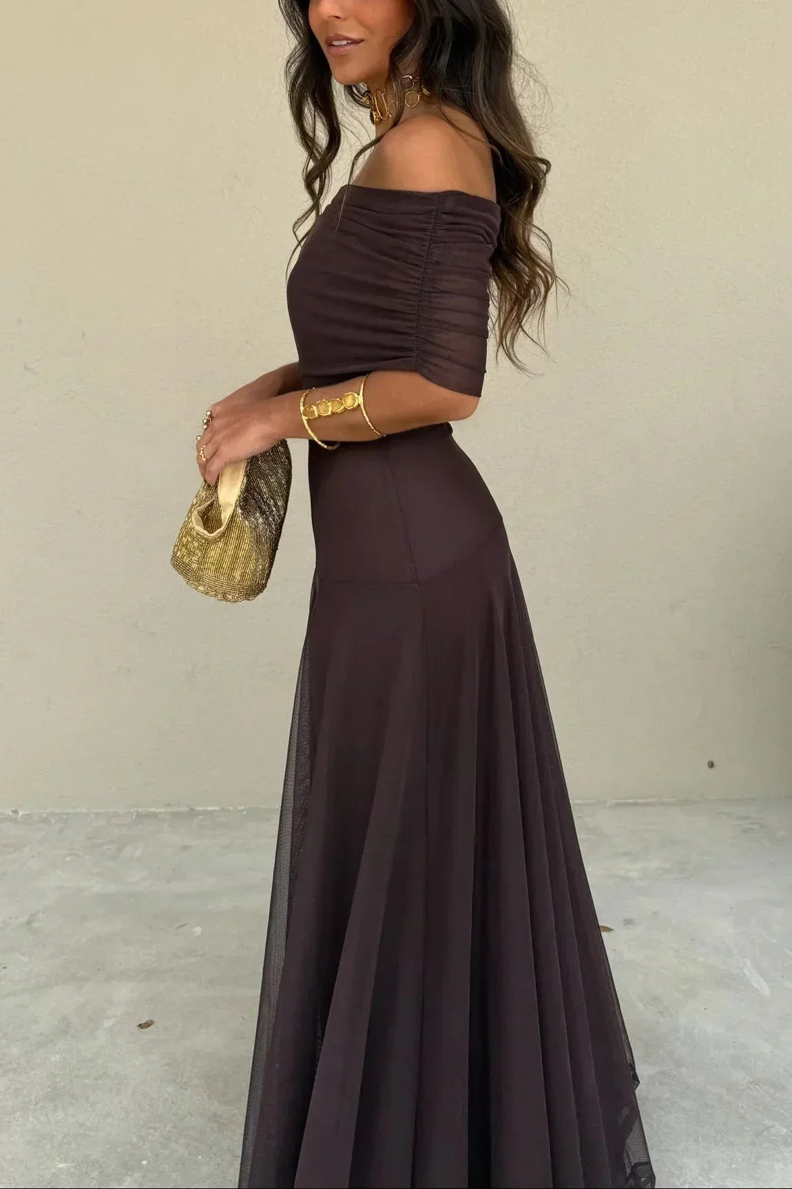 Women's pleated one-shoulder maxi cocktail dress