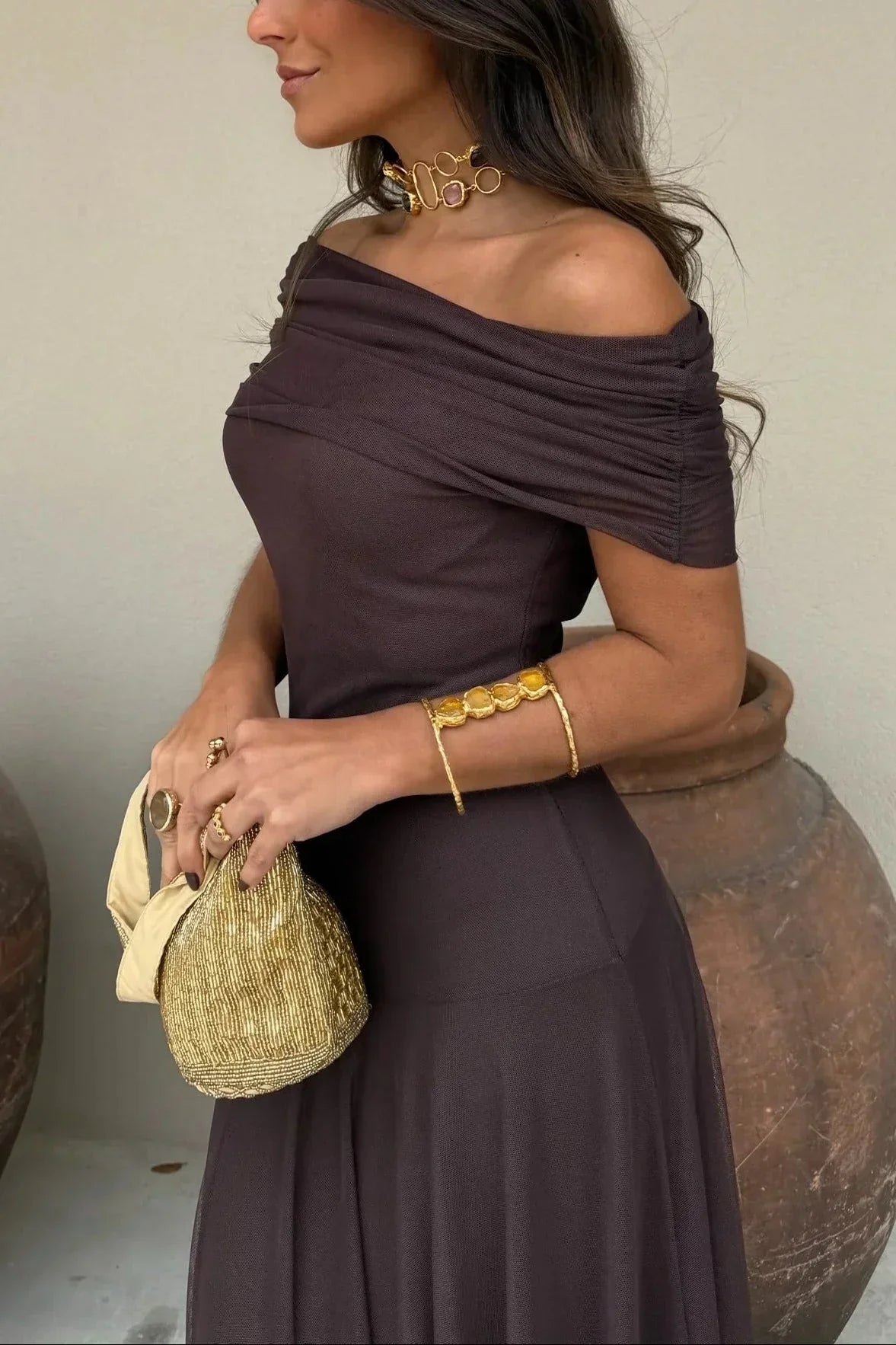 Women's pleated one-shoulder maxi cocktail dress