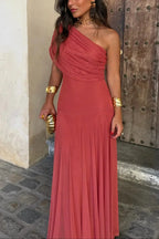 Women's pleated one-shoulder maxi cocktail dress