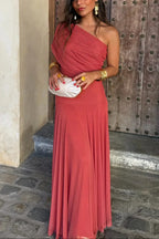Women's pleated one-shoulder maxi cocktail dress