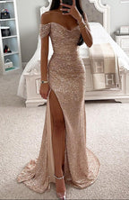 Women's sequin off-shoulder maxi prom dress