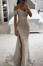 Women's sequin off-shoulder maxi prom dress
