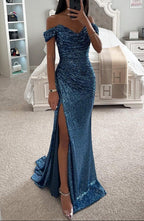 Women's sequin off-shoulder maxi prom dress