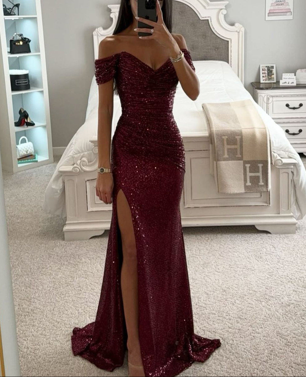 Women's sequin off-shoulder maxi prom dress
