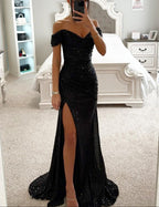 Women's sequin off-shoulder maxi prom dress