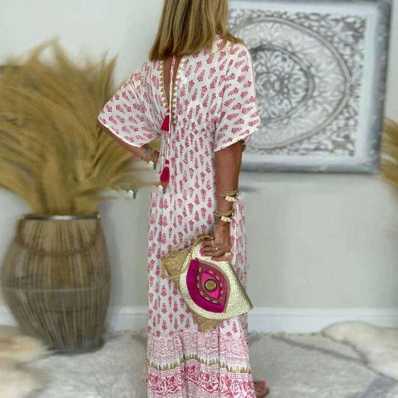 Women's short sleeve boho print maxi dress