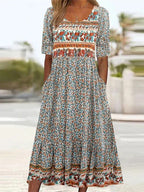Women's short sleeve boho print midi dress