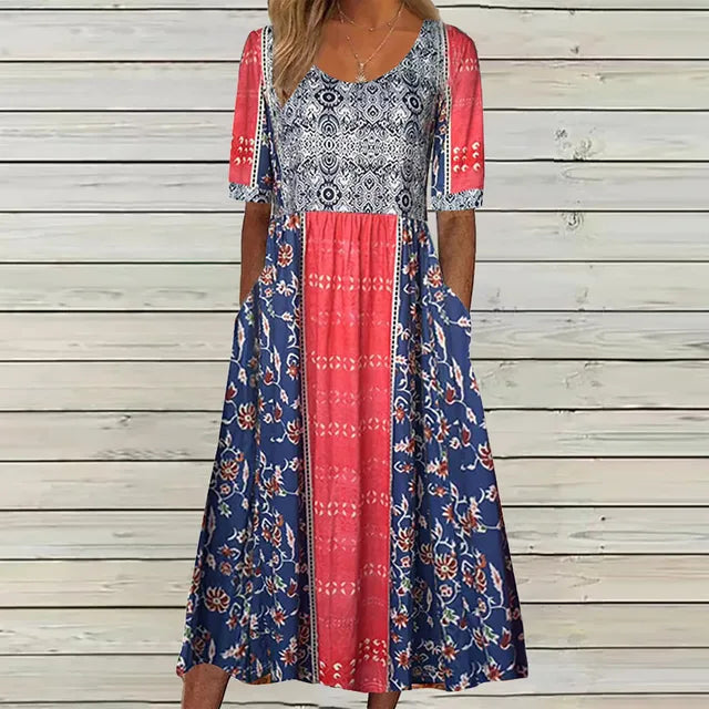 Women's short sleeve boho print midi dress
