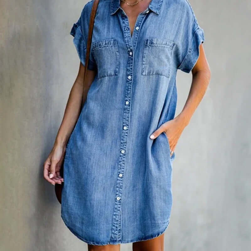 Women's denim short sleeve summer shirt dress