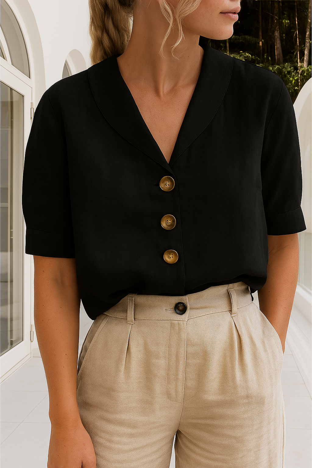 Women's short sleeve button-front summer blouse