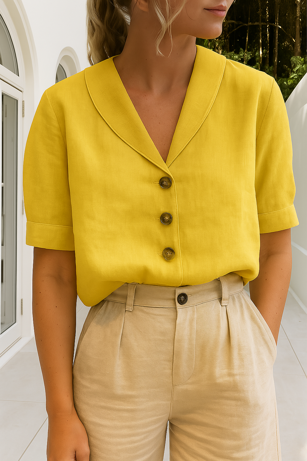 Women's short sleeve button-front summer blouse