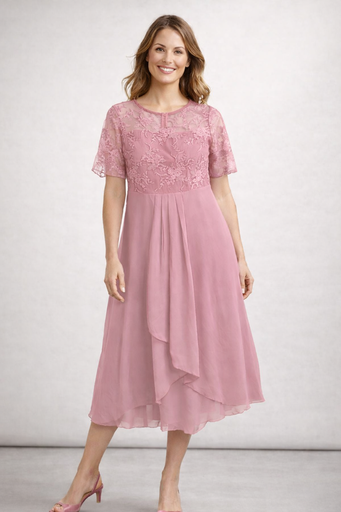 Women's short sleeve lace wedding guest midi dress