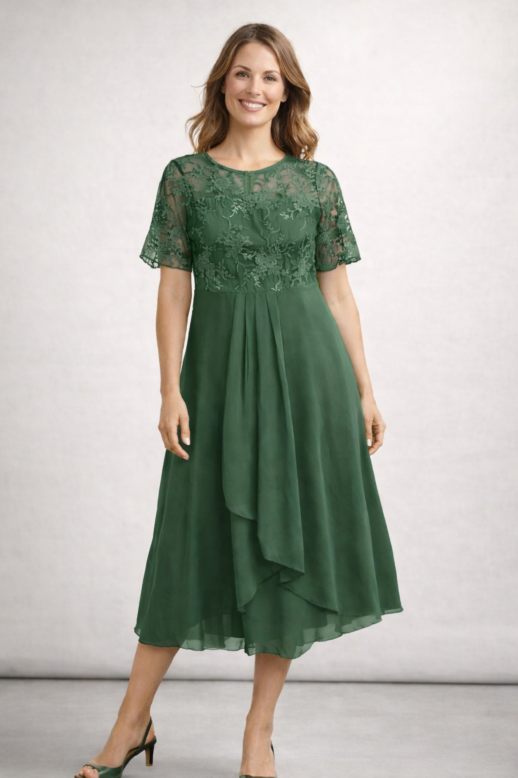 Women's short sleeve lace wedding guest midi dress