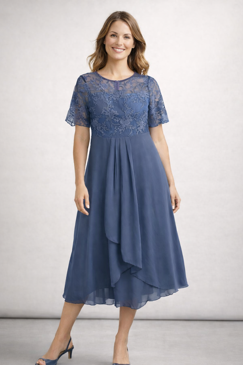 Women's short sleeve lace wedding guest midi dress