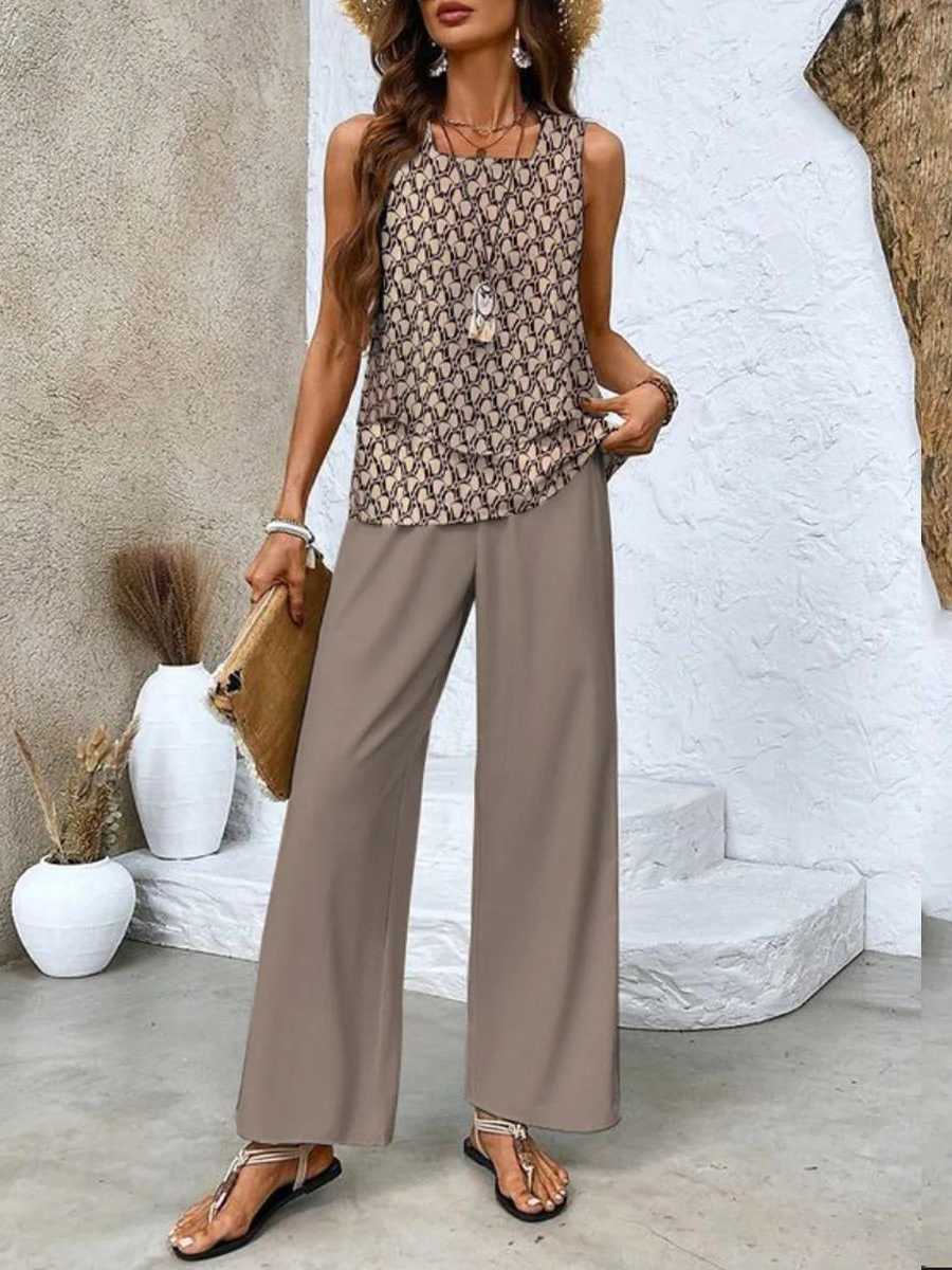 Women's sleeveless layered top trouser set
