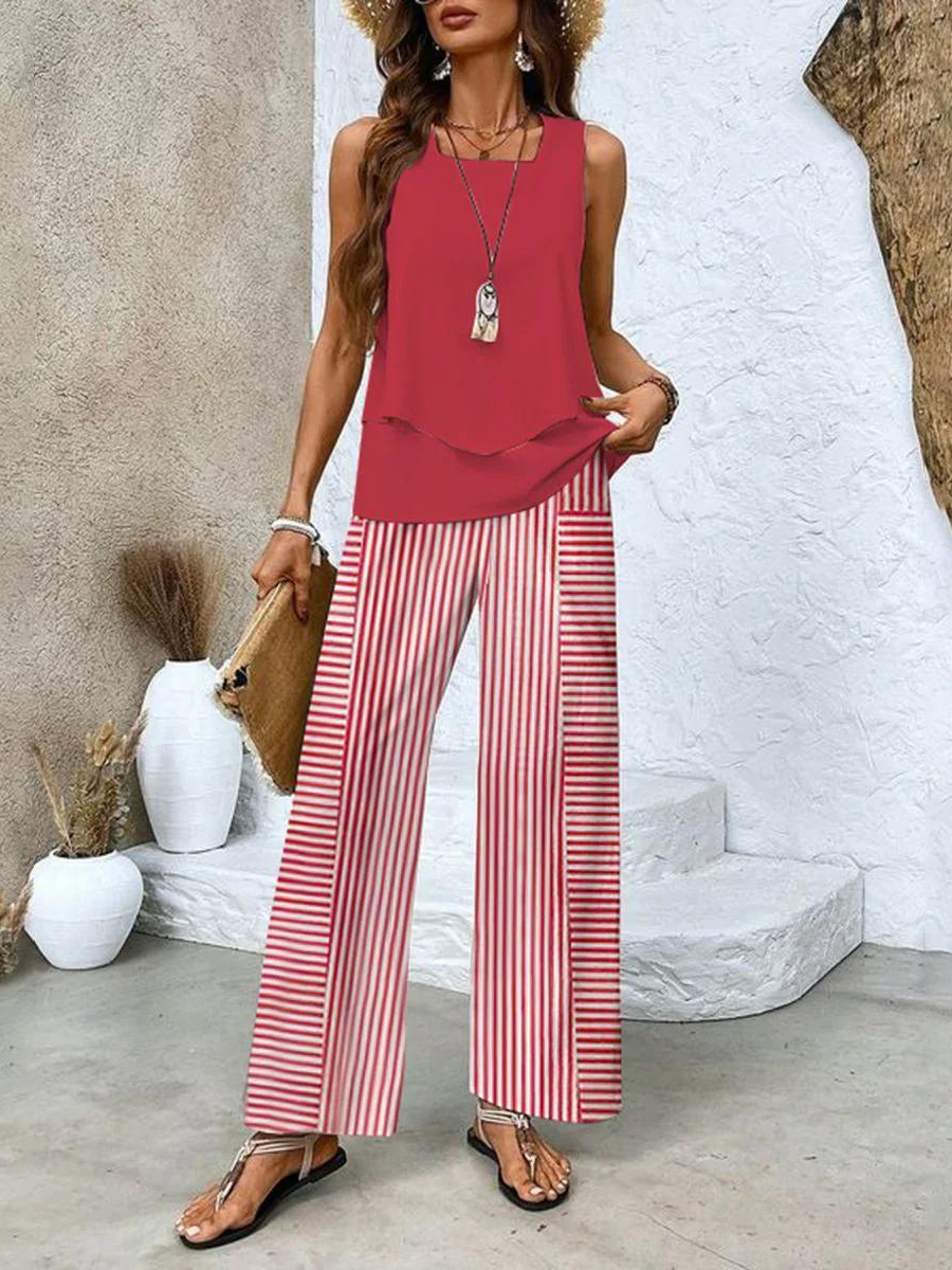 Women's sleeveless layered top trouser set