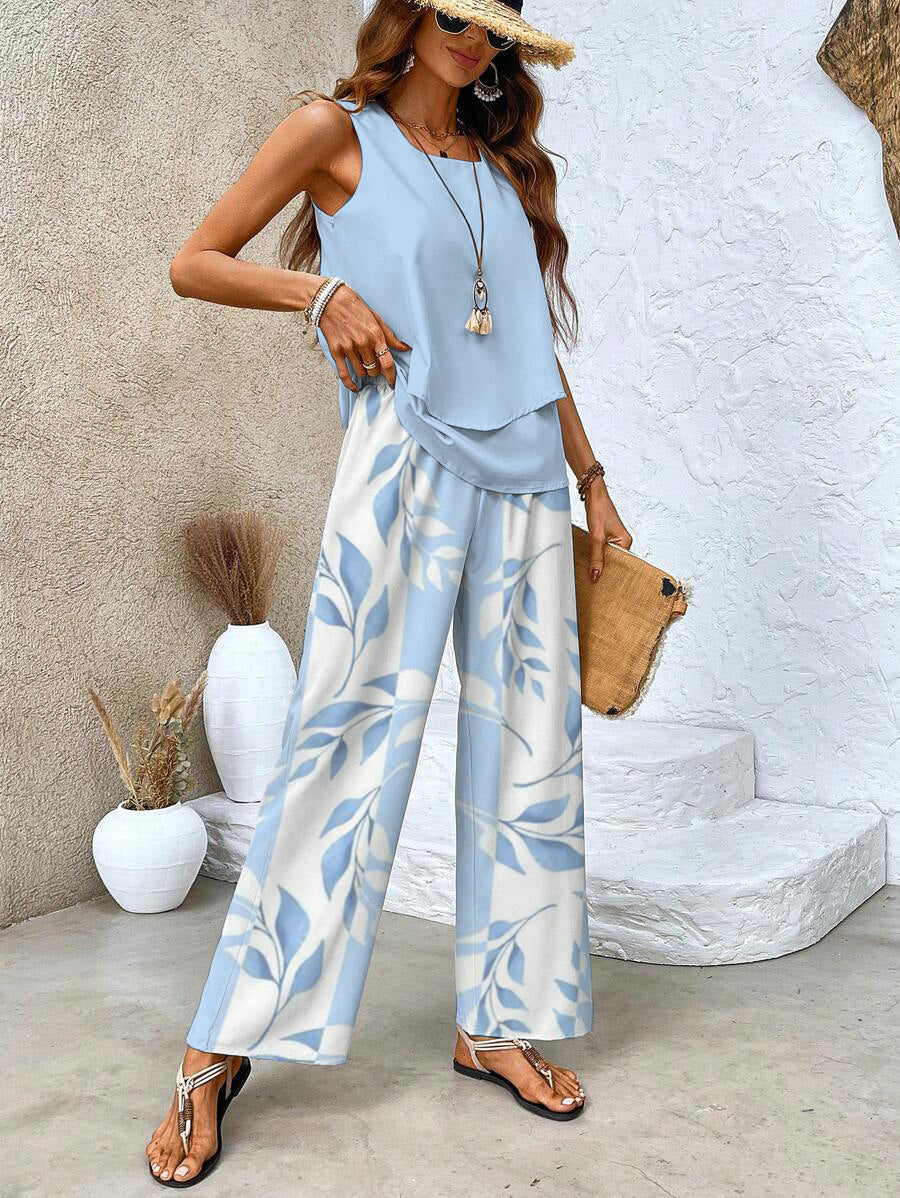 Women's sleeveless layered top trouser set