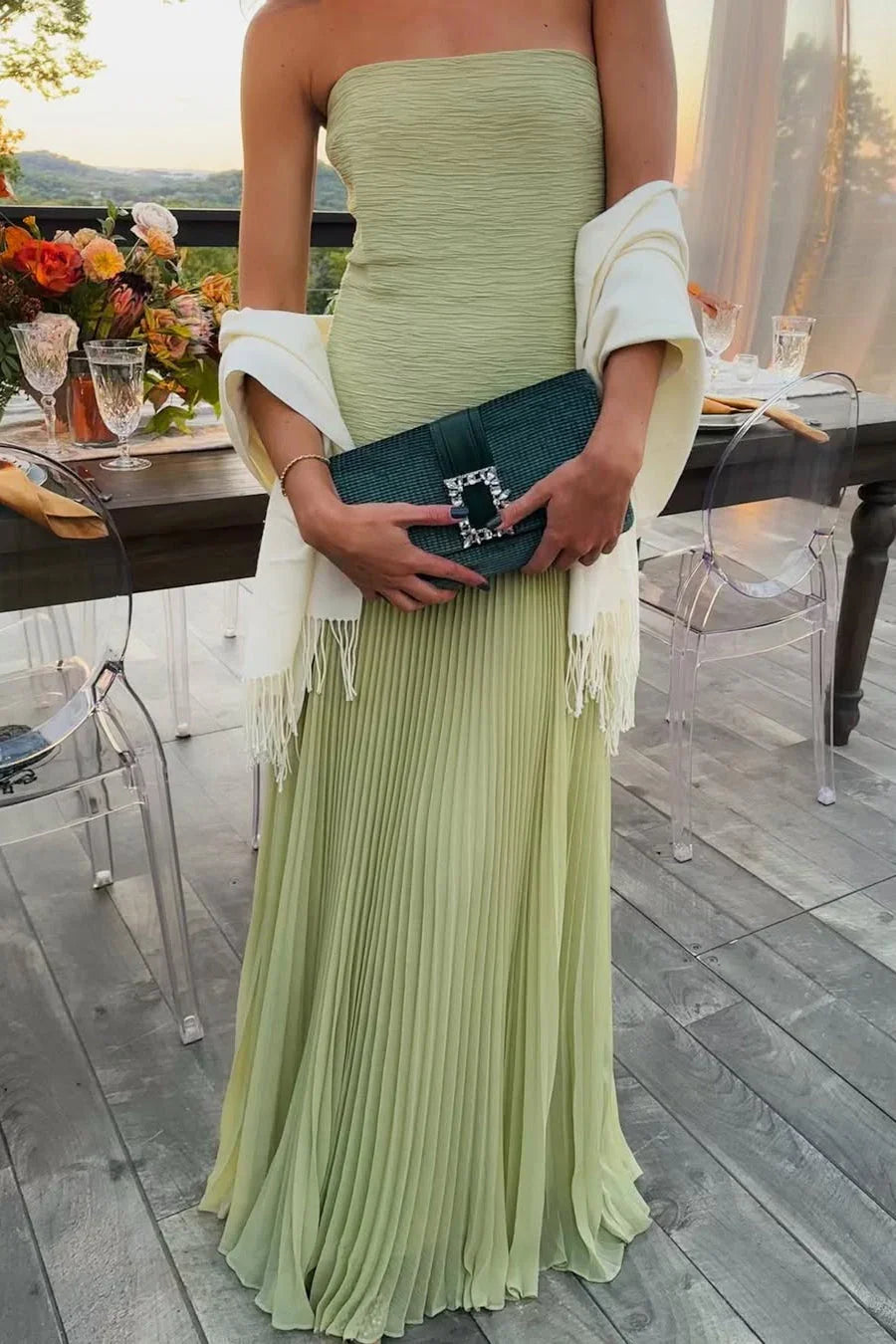 Women's strapless pleated wedding guest dress