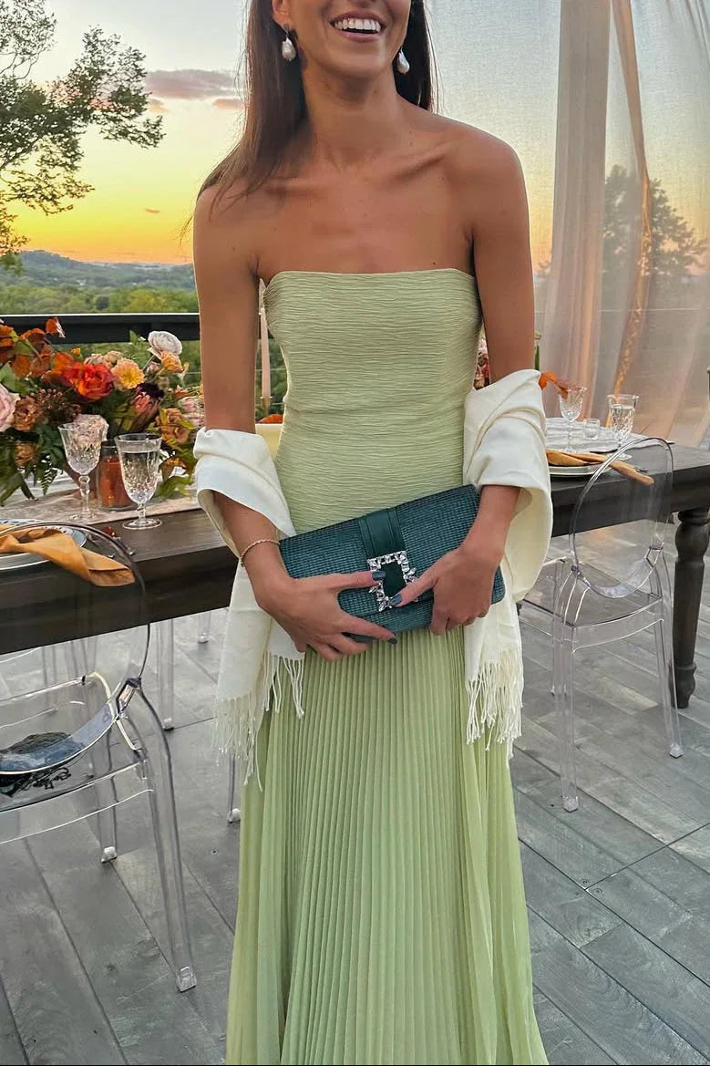 Women's strapless pleated wedding guest dress