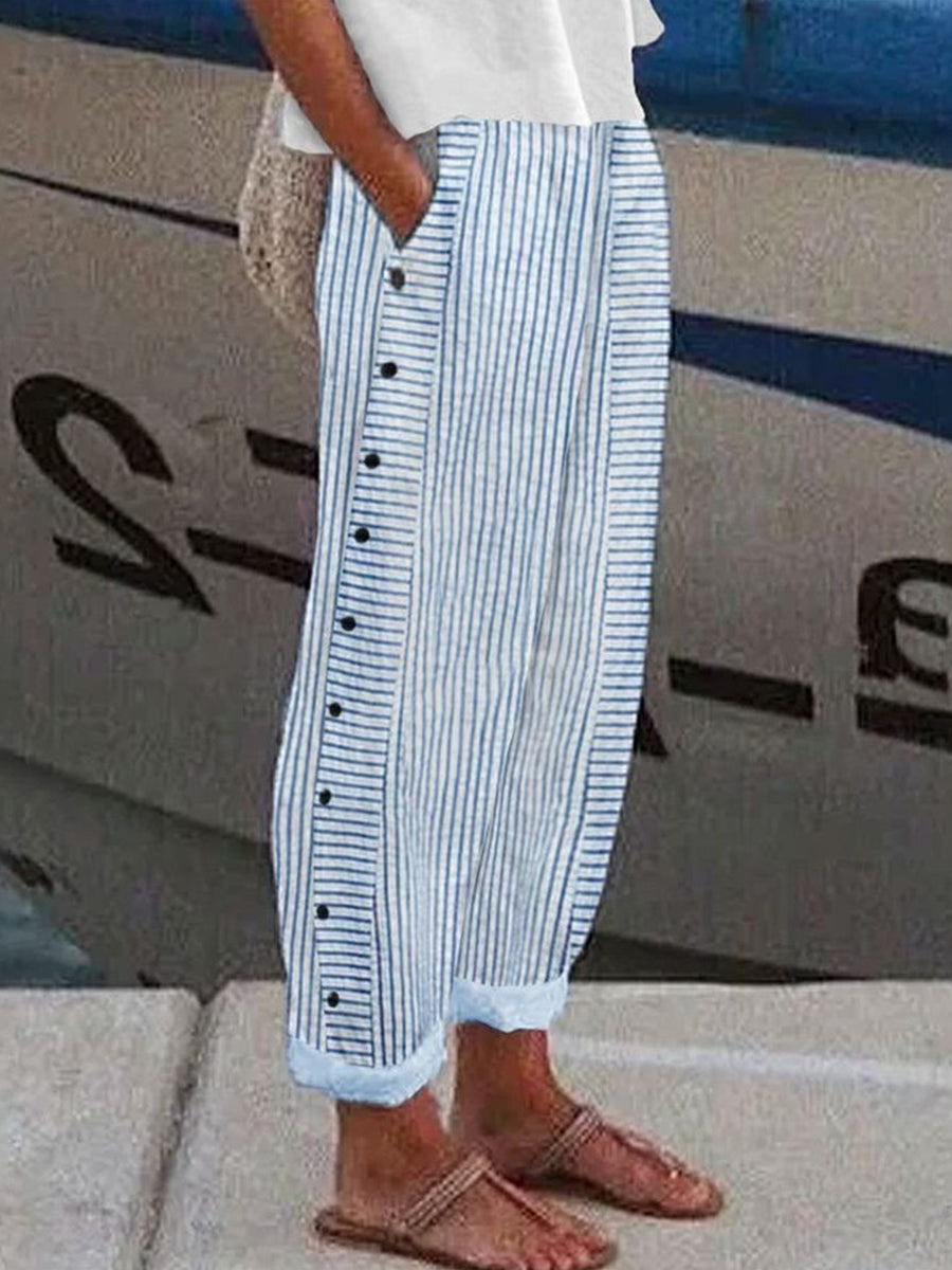 Women's striped side-button summer trousers